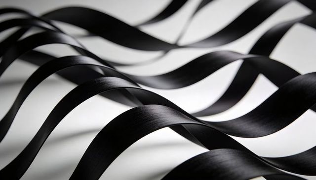 Flowing matte black ribbon waves creating abstract s-shaped curves, shadows and texture