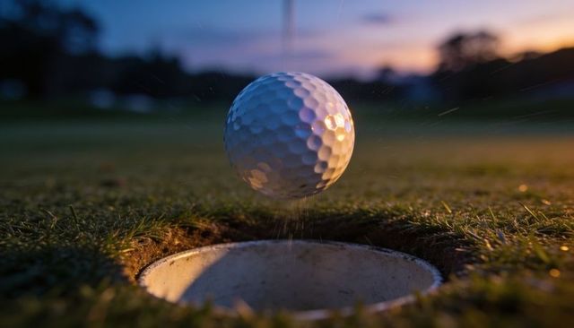 Golf ball hovering above cup on trimmed green at sunset with divot and dew