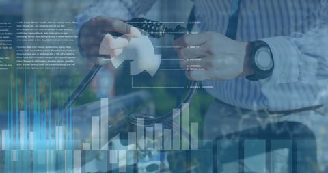 Hands of Caucasian Man Holding Secure Digital Lock Amid Data Visualization