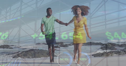 Joyful Couple Running on Beach with Stock Market Overlay