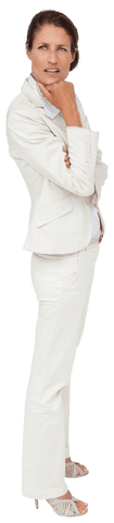 Caucasian businesswoman wearing white suit thinking on transparent background