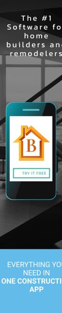 Ideal for promoting a construction management application designed for home builders and remodelers. Highlights ease and efficiency in managing projects through a single app. Perfect for ads in construction magazines, construction websites, and tech blogs focusing on construction technology. Targets contractors, project managers, and home remodelers looking for modern software solutions.