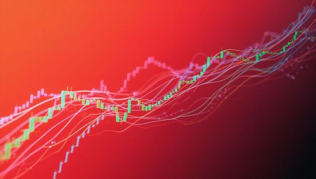 Rising Green Candlestick Chart with Moving Averages on Red Background