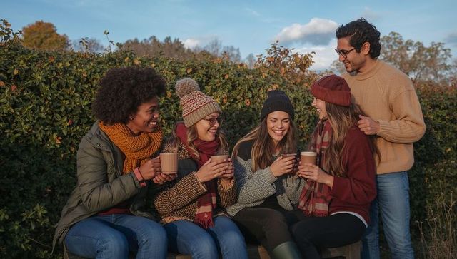 Friends Enjoying Hot Drinks on Bench in Autumn Park, Cozy Knit Hats and Scarves