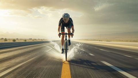 Cyclist racing on crazy desert highway with dynamic water splashes