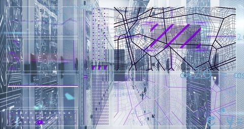 Modern data center with digital overlay graphics and bustling servers