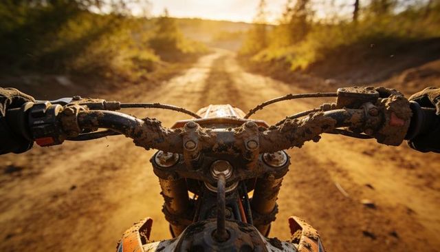 Pov riding muddy dirt bike gripping handlebars on rutted forest trail at golden hour