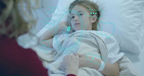 Mother comforting patient child in hospital bed with ai health interface overlay