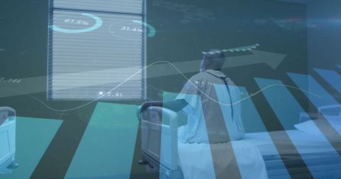 Mature man in hospital gown with medical data overlay