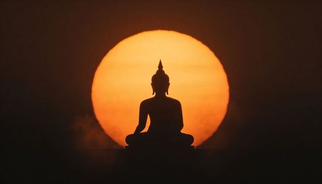 Seated buddha silhouette meditating in lotus against giant sunrise sun disk