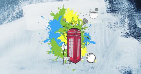 Retro phone box with piggy bank and wifi symbols over brushes