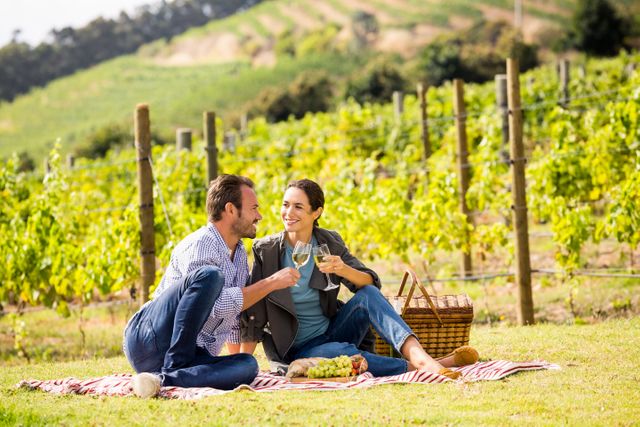 Young couple sitting on a blanket in a vineyard, sharing a picnic. They are toasting with white wine and enjoying a sunny day. Perfect for themes such as romance, leisure, outdoor activities, wine tourism, and nature experiences.