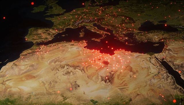 Mediterranean night hotspots map highlighting coastal fires and urban lights across north africa