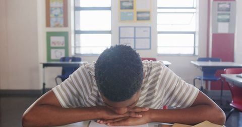 Student resting with contemplation in classroom setting