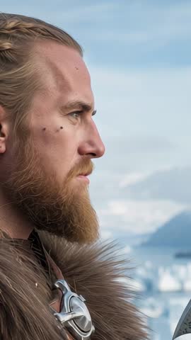 Nordic Warrior Gazing Over Icy Coastline, Fur Cloak Ruffling, Axe Ready — Vertical Video