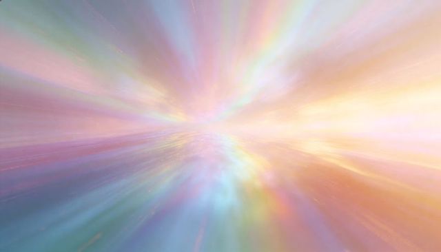 Iridescent pastel light rays converging on horizon over glossy reflective plane