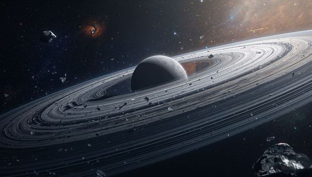 Ringed gas giant casting sweeping shadows across icy rings and drifting asteroid debris