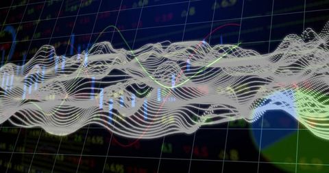 Futuristic 3D Data Waveform Flowing Across Financial Dashboard with Candlesticks and Grid