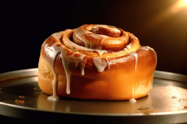 Freshly baked cinnamon roll dripping with icing captured under warm sunrise light. Perfect for food blogs, dessert menus, bakery advertisements, and social media posts emphasizing delicious and indulgent treats.