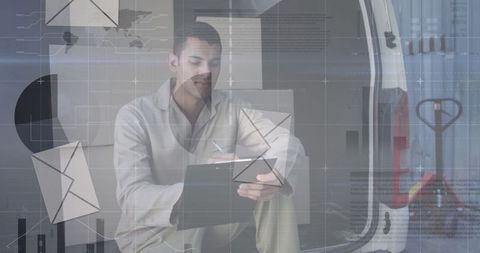 Delivery Worker Analyzing Data with Digital Overlay in Cargo Van