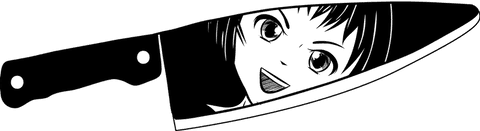 Anime face reflecting in knife silhouette on transparent background