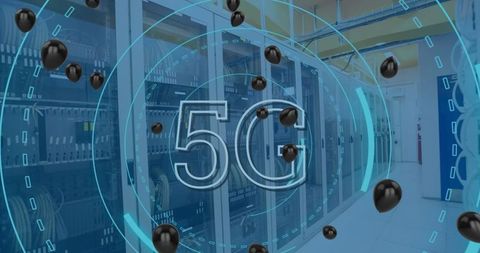 5G Technology with Black Balloons Over Data Servers