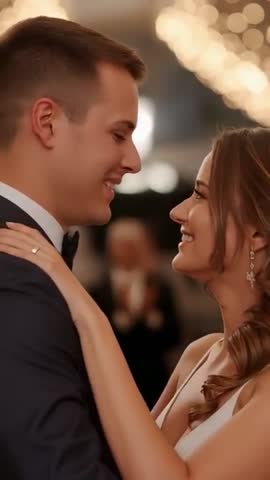 Couple Dancing First Dance at Elegant Reception under Bokeh Lights Vertical Wedding Video