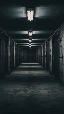 Vertical prison corridor recording capturing dim cell rows with fluorescent lights and locked door