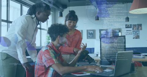 Diverse Team Collaborating with Abstract Digital Data Overlay