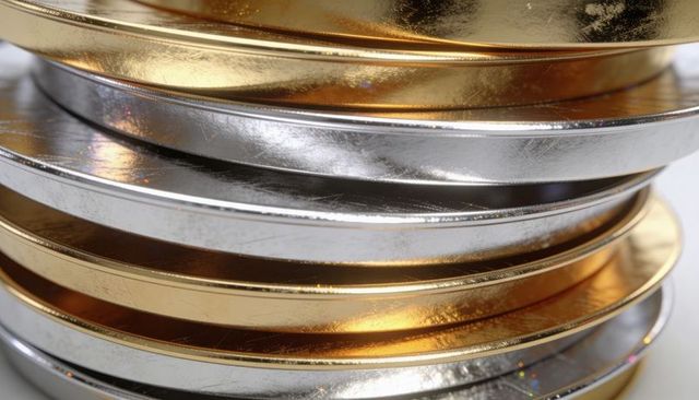 Stacked metallic bands alternating gold silver tones closeup textured reflective rings