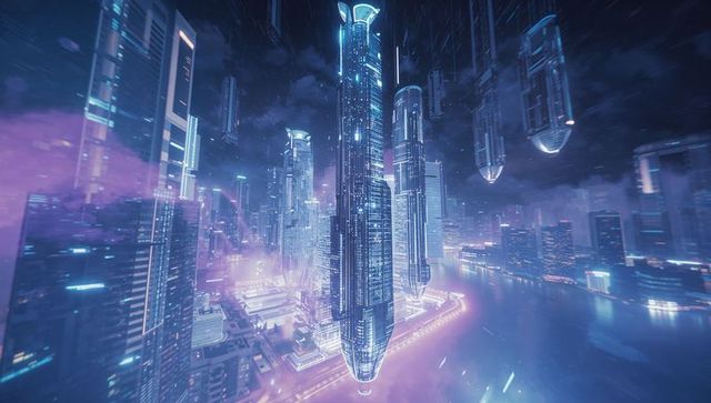 Futuristic neon cityscape with inverted floating skyscrapers