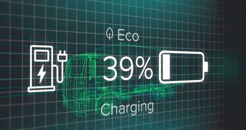 Futuristic Electric Truck Charging with Grid Overlay and Battery Indicator