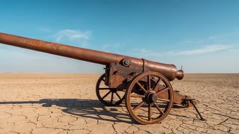 Rusted Cannon on Cracked Earth in Desolate Desert