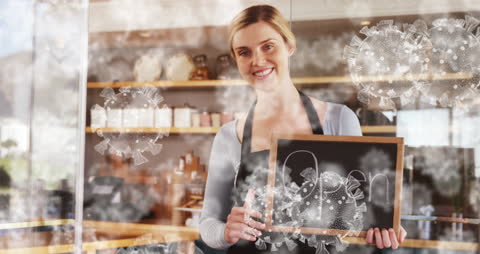 Waitress Holding Open Sign with Virus Cells Animation Concept