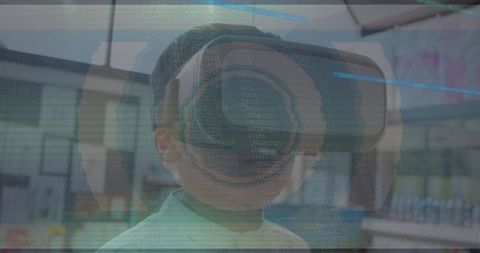 Child exploring virtual reality with futuristic digital effects