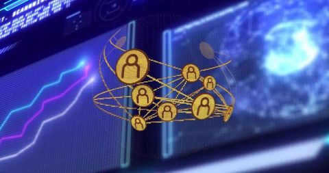 Futuristic network of golden avatars with digital graphs