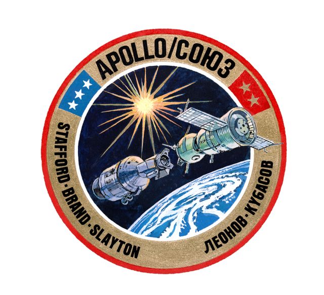 S75-20361 (27 Feb. 1975) --- This is the American crew insignia of the joint United States-USSR Apollo-Soyuz Test Project (ASTP) scheduled to take place in July 1975.  Of circular design, the insignia has a colorful border area, outlined in red, with the names of the five crew members and the words Apollo in English and Soyuz in Russian around an artist?s concept of the Apollo and Soyuz spacecraft about to dock in Earth orbit. The bright sun and the blue and white Earth are in the background. The white stars on the blue background represent American astronauts Thomas P. Stafford, commander; Vance D. Brand, command module pilot; and Donald (Deke) K. Slayton, docking module pilot. The dark gold stars on the red background represent Soviet cosmonauts Aleksey A. Leonov, commander, and Valeriy N. Kubasov, engineer. Soyuz and Apollo will be launched separately from the USSR and United States, and will dock and remain together for as long as two days. The three Apollo astronauts will enter Soyuz and the two Soviet cosmonauts will visit the Apollo spacecraft via a docking module.  The Russian word ?soyuz? means ?union? in English.