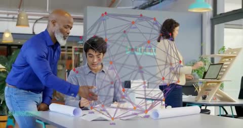 Architects Collaborating with Blueprint Overlays in Modern Office