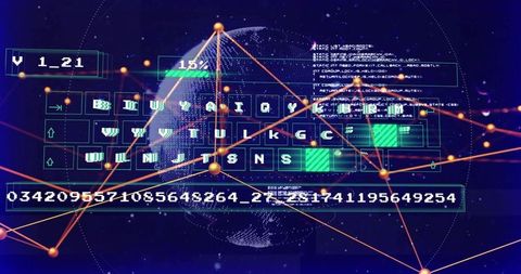 Futuristic Holographic Cyber Keyboard and Numeric Code Grid Floating in Neon Cyberspace
