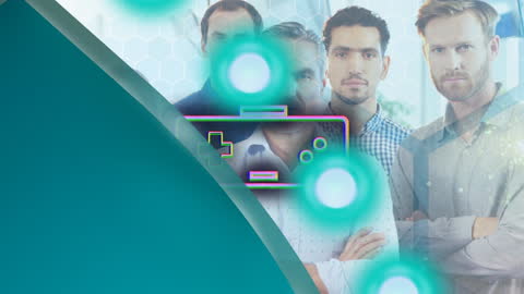 Innovative Team with Futuristic Digital Interface and Gaming Iconography