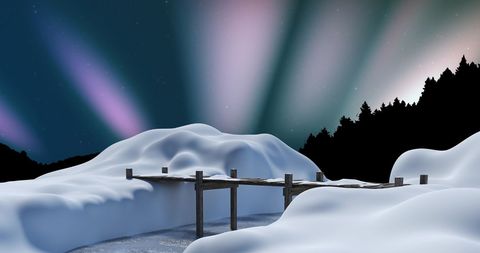 Aurora Borealis Over Snowy Pier in Majestic Winter Landscape