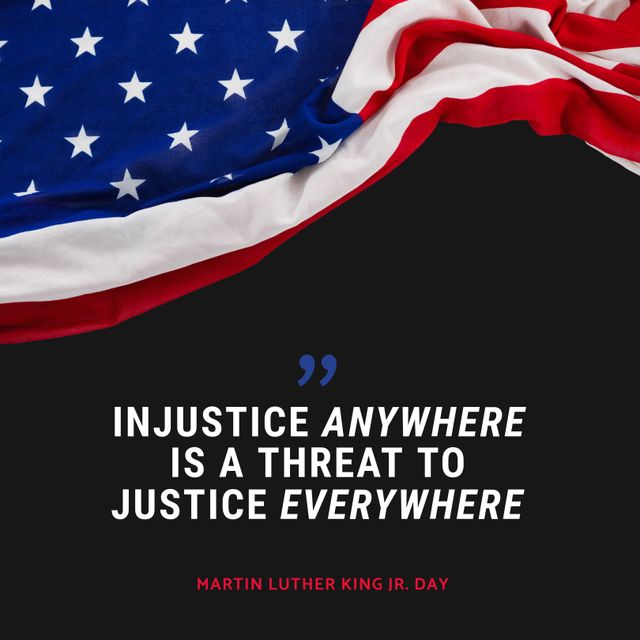 Quote from Martin Luther King Jr. on displayed over American flag. Useful for promoting Martin Luther King Jr. Day, civil rights events, educational materials on justice and equality, social media posts on inspiration and patriotism, and wall art.