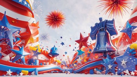 A vibrant scene featuring the Liberty Bell surrounded by stars, stripes, streamers, and dazzling fireworks set against a lively and colorful backdrop. This image communicates joy, patriotism, and celebration, making it ideal for use in festive promotions, Independence Day events, or patriotic-themed digital and print materials.