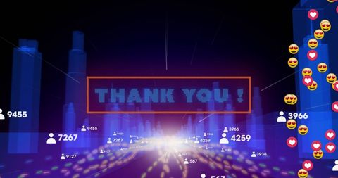 Thank You Message with Emojis in Digital Cityscape Background