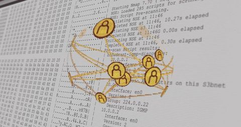 Cybersecurity Network Graph Superimposed on Terminal Display