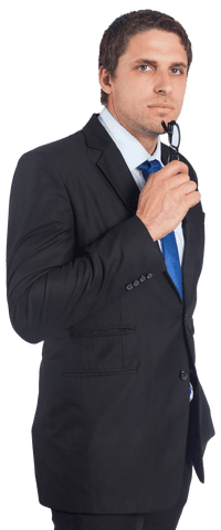 Pensive Businessman Holding Glasses Transparent Background PNG