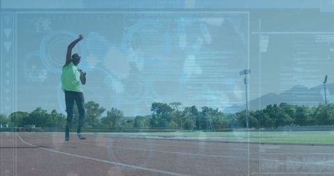 Teen Athlete Leaping Energetically on Stadium Track with Lively Background
