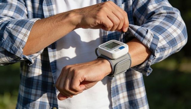 Man checking wrist blood pressure with wearable monitor outdoors in plaid shirt sunny park