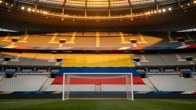 Empty stadium featuring colombian flag draped behind soccer goal at golden hour
