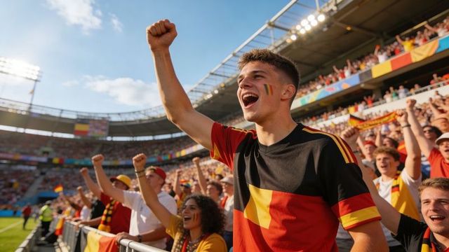 Passionate german football fan cheering and raising fist in packed stadium with flag face paint